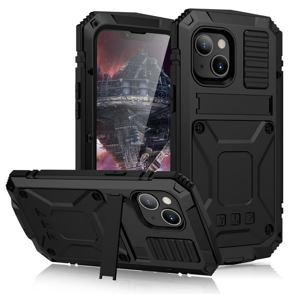 Allytech Rugged Case for iPhone 13 (6.1") Cover with Built-in Screen Protector, PC Back + Anti-Drop Silicone + Front Metal Frame Shockproof Stand Hand Rope Case for iPhone 13 2021, Black