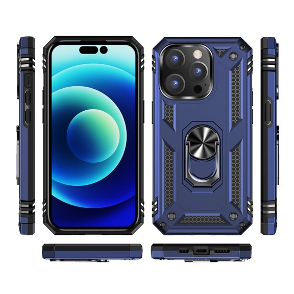 Allytech Rugged Case for iPhone 14 Pro, Military Grade Protection Shockproof Non-Slip Cover with Metal Rotatable Ring Stand, Magnetic Car Mount Holder Fashion Case for iPhone 14 Pro - Blue