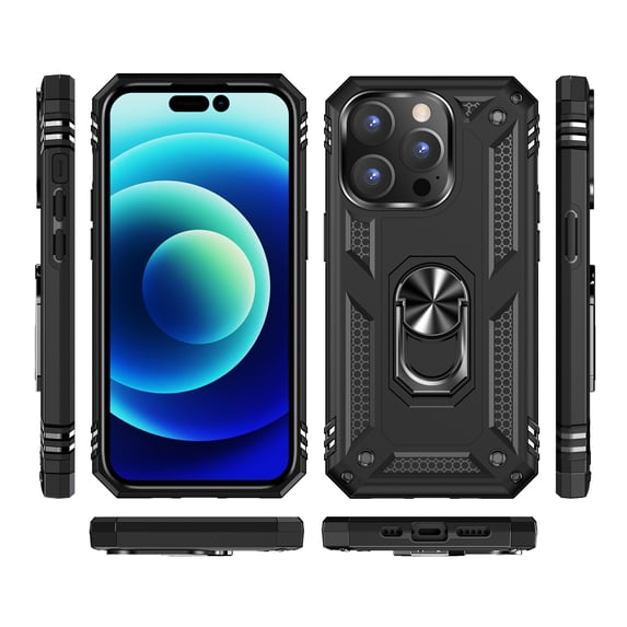 Allytech Rugged Case for iPhone 14 Pro, Military Grade Protection Shockproof Non-Slip Cover with Metal Rotatable Ring Stand, Magnetic Car Mount Holder Fashion Case for iPhone 14 Pro - Black
