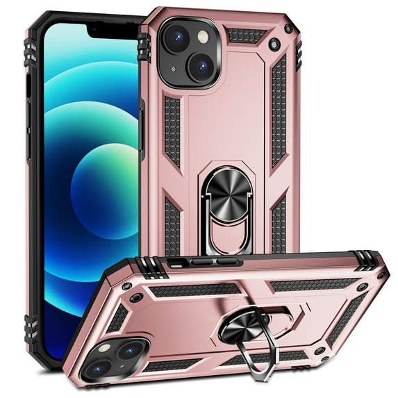 Allytech Rugged Case for iPhone 15, Military Grade Protection Shockproof Non-Slip Cover with Metal Rotatable Ring Stand, Magnetic Car Mount Holder Fashion Case for iPhone 15 - Rosegold