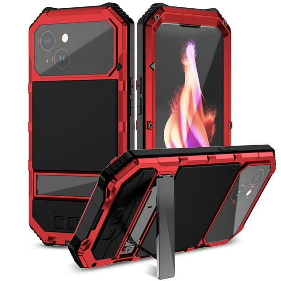 Allytech Rugged Case for iPhone 15 Plus, Luxury Hybrid Heavy Duty Protective Case with Hidden Stand & Screen Protector, Wireless Charging Shockproof Anti-Fall Metal Frame Case, Red