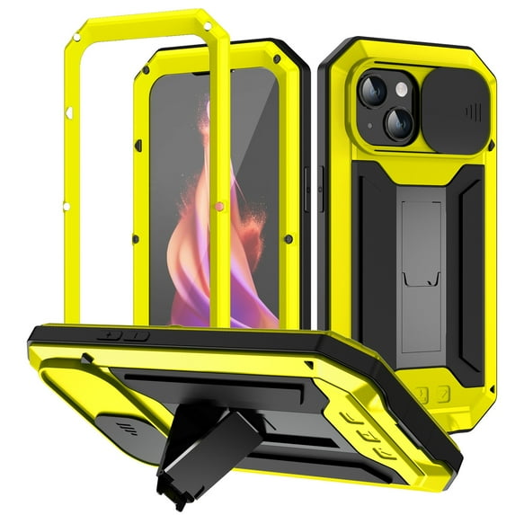 Allytech Rugged Case for iPhone 15 Plus with Screen Protector & Camera Lens Sliding Cover, Anti-Drop Shockproof Dustproof Hidden Kickstand Heavy Duty Triple-Layer Protection Shell, Yellow