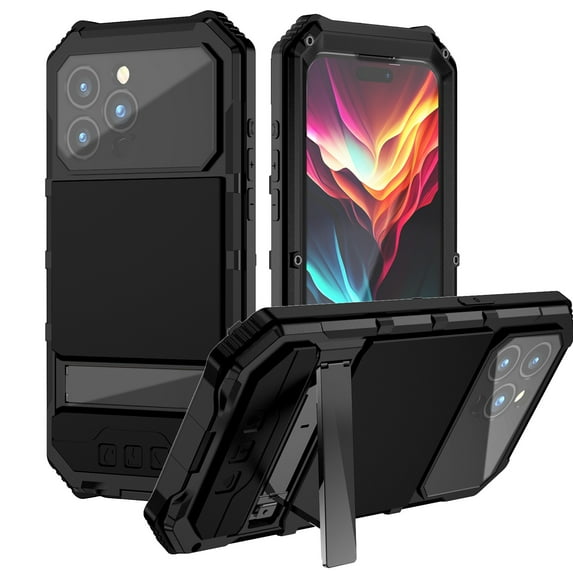 Allytech Rugged Case for iPhone 15 Pro, Luxury Hybrid Heavy Duty Protective Case with Hidden Stand & Screen Protector, Wireless Charging Shockproof Anti-Fall Metal Frame Case, Black
