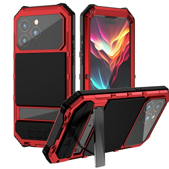 Allytech Rugged Case for iPhone 15 Pro, Luxury Hybrid Heavy Duty Protective Case with Hidden Stand & Screen Protector, Wireless Charging Shockproof Anti-Fall Metal Frame Case, Red