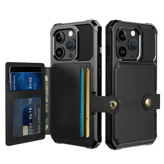 Allytech Rugged Case for iPhone 15 Pro Max Support Magnetic Car Mount, Premium PU Leather Flip Card Cash Holder Pocket Shockproof Anti-Fall Back Case for iPhone 15 Pro Max - Black