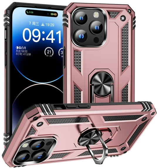 Allytech Rugged Case for iPhone 15 Pro, Military Grade Protection Shockproof Non-Slip Cover with Metal Rotatable Ring Stand, Magnetic Car Mount Holder Fashion Case for iPhone 15 Pro - Rosegold