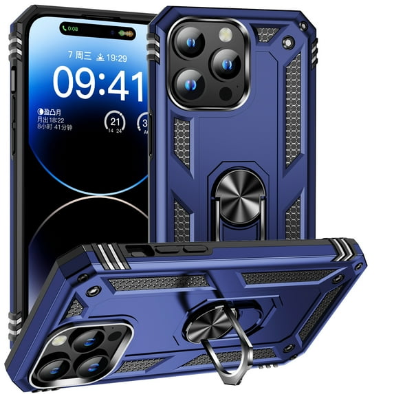 Allytech Rugged Case for iPhone 15 Pro, Military Grade Protection Shockproof Non-Slip Cover with Metal Rotatable Ring Stand, Magnetic Car Mount Holder Fashion Case for iPhone 15 Pro - Blue