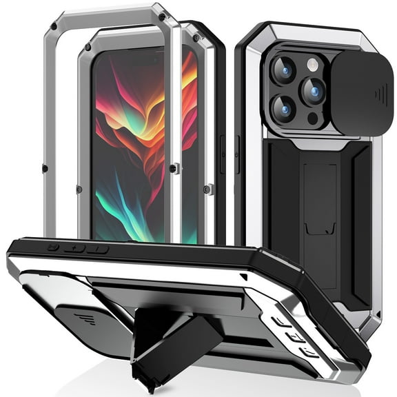 Allytech Rugged Case for iPhone 15 Pro with Screen Protector & Camera Lens Sliding Cover, Anti-Drop Dustproof Hidden Kickstand Heavy Duty Triple-Layer Protection Shell, Silver