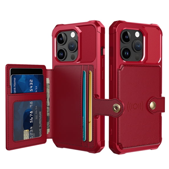 Allytech Rugged Case for iPhone 15 Pro Support Magnetic Car Mount, Premium PU Leather Flip Card Cash Holder Pocket Shockproof Anti-Fall Back Case for iPhone 15 Pro - Red