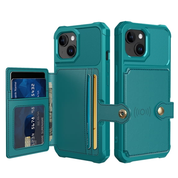 Allytech Rugged Case for iPhone 15 Support Magnetic Car Mount, Premium PU Leather Flip Card Cash Holder Pocket Shockproof Anti-Fall Back Case for iPhone 15 - Green