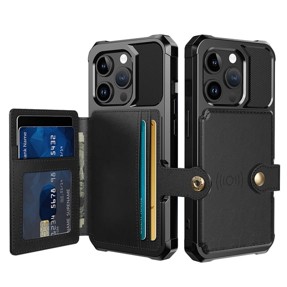 Allytech Rugged Case for iPhone 16 Support Magnetic Car Mount, Premium PU Leather Flip Card Cash Holder Pocket Shockproof Anti-Fall Back Case for iPhone 16 - Black