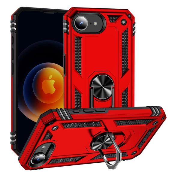 Allytech Rugged Case for iPhone 16e, Military Grade Protection Shockproof Non-Slip Cover with Metal Rotatable Ring Stand, Magnetic Car Mount Holder Fashion Case for iPhone 16e - Red