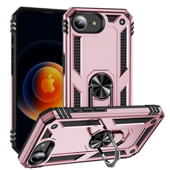 Allytech Rugged Case for iPhone 16e, Military Grade Protection Shockproof Non-Slip Cover with Metal Rotatable Ring Stand, Magnetic Car Mount Holder Fashion Case for iPhone 16e - Rosegold