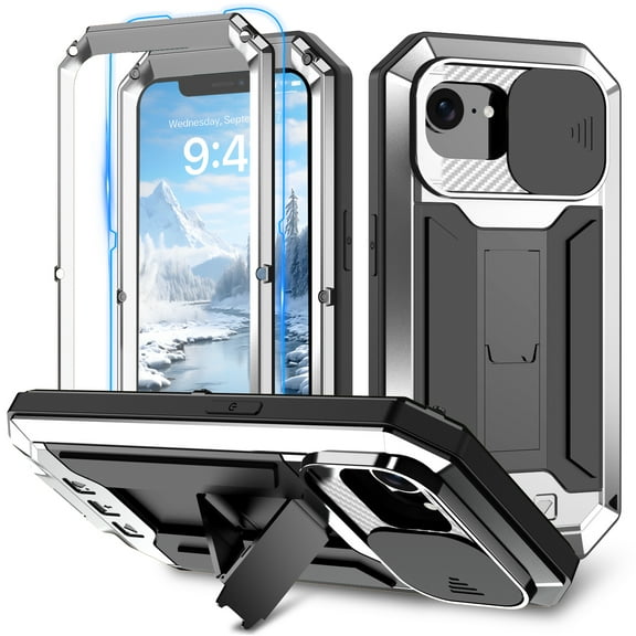 Allytech Rugged Case for iPhone 17e 16e with Screen Protector & Camera Lens Sliding Cover, Anti-Drop Dustproof Hidden Kickstand Heavy Duty Triple-Layer Protection Shell, Silver