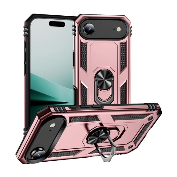 Allytechgroup Rugged Case for iPhone Air, Military Grade Protection Shockproof Non-Slip Cover with Metal Rotatable Ring Stand, Magnetic Car Mount Holder Case for iPhone Air Women Men, Rosegold
