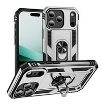 Allytech Rugged Case for iPhone 17, Military Grade Protection Shockproof Non-Slip Cover with Metal Rotatable Ring Stand, Magnetic Car Mount Holder Case for iPhone 17, Silver