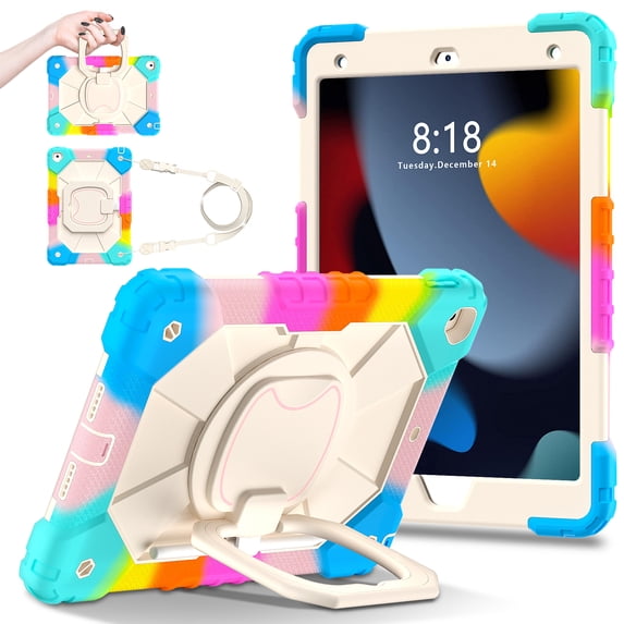 Allytech Rugged Shockproof Case for Apple iPad 10.2" 9th 8th 7th Generation 2021/2020/2019, 360 Rotating Stand Shoulder Strap Bumper Anti-Scratch Kids Friendly Case Cover for iPad 10.2", Rainbow Blue