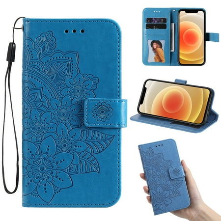 Allytech for Samsung A11 Case, Galaxy M11 Wallet Case, Embossed Flower Premium PU Leather Folio Flip Kickstand Card Slots Detachable Wrist Strap Cover Case for Samsung Galaxy A11/M11, Blue