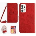 thumbnail image 1 of Allytech Samsung Galalxy A53 5G Phone Case Wallet, With Hand Wrist PU Leahter Butterfly Flower Embossed Flip Magnetic Closure Stand Shell Cover - Red, 1 of 2