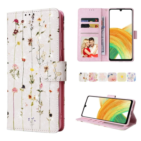 Allytech Samsung Galaxy A04e Wallet Case, Stylish Flowers Pattern PU Leather Cover with Wrist Strap & Card Slots, Kickstand Magnetic Closure Shockproof Case for Women Girls, Dried Flowers
