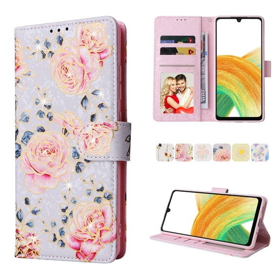 Allytech Samsung Galaxy A04e Wallet Case, Stylish Flowers Pattern PU Leather Cover with Wrist Strap & Card Slots, Kickstand Magnetic Closure Shockproof Case for Women Girls, Pink Rose