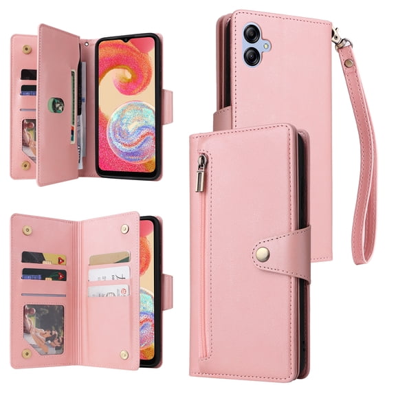 Allytech Samsung Galaxy A04e Wallet Case with Zipper Pocket, Luxury PU Leather Flip Cover with Card Slots & Wrist Strap, Shockproof Kickstand Magnetic Buckle Protective Case for Women Men, Rosegold