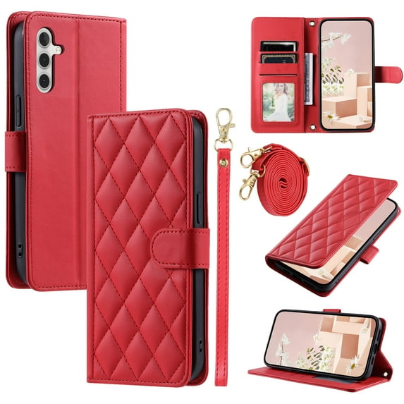 Allytech Samsung Galaxy A05 Slim Wallet Case, Luxury PU Leather Kickstand Case with Detachable Shoulder & Wrist Strap, Cash Card Slots Magnetic Clasp Shockproof Protective Case - Red