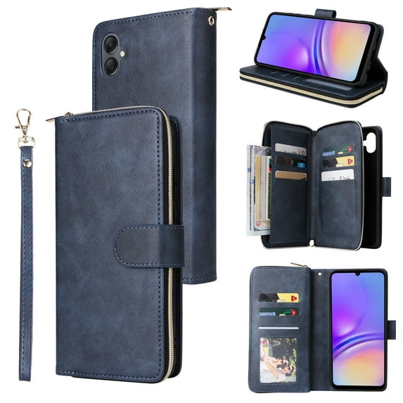 Allytech Samsung Galaxy A05 Wallet Case with 9 Card Slots & Zipper Pouch for Women Men, Magnetic Closure Kickstand Durable PU Leather Wristlet Strap Folio Flip Luxury Cover - Blue