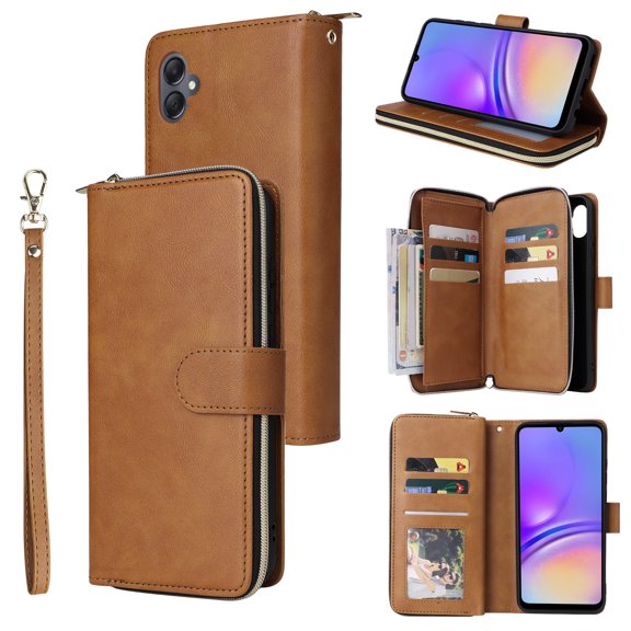 Allytech Samsung Galaxy A05 Wallet Case with 9 Card Slots & Zipper Pouch for Women Men, Magnetic Closure Kickstand Durable PU Leather Wristlet Strap Folio Flip Luxury Cover - Brown