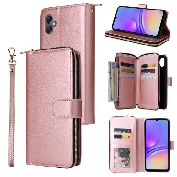 Allytech Samsung Galaxy A05 Wallet Case with 9 Card Slots & Zipper Pouch for Women Men, Magnetic Closure Kickstand Durable PU Leather Wristlet Strap Folio Flip Luxury Cover - Rosegold
