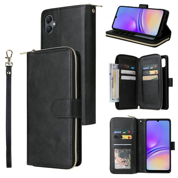 Allytech Samsung Galaxy A05 Wallet Case with 9 Card Slots & Zipper Pouch for Women Men, Magnetic Closure Kickstand Durable PU Leather Wristlet Strap Folio Flip Luxury Cover - Black