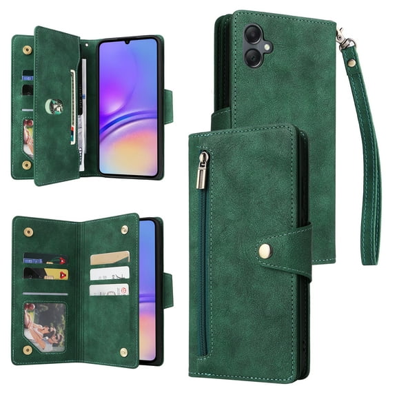 Allytech Samsung Galaxy A05 Wallet Case with Zipper Pocket, Luxury PU Leather Flip Cover with Card Slots & Wrist Strap, Shockproof Kickstand Magnetic Buckle Protective Case for Women Men, Green