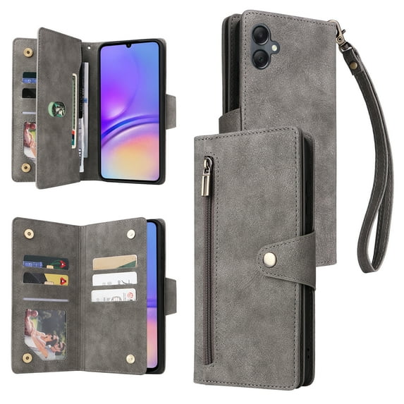 Allytech Samsung Galaxy A05 Wallet Case with Zipper Pocket, Luxury PU Leather Flip Cover with Card Slots & Wrist Strap, Shockproof Kickstand Magnetic Buckle Protective Case for Women Men, Gray