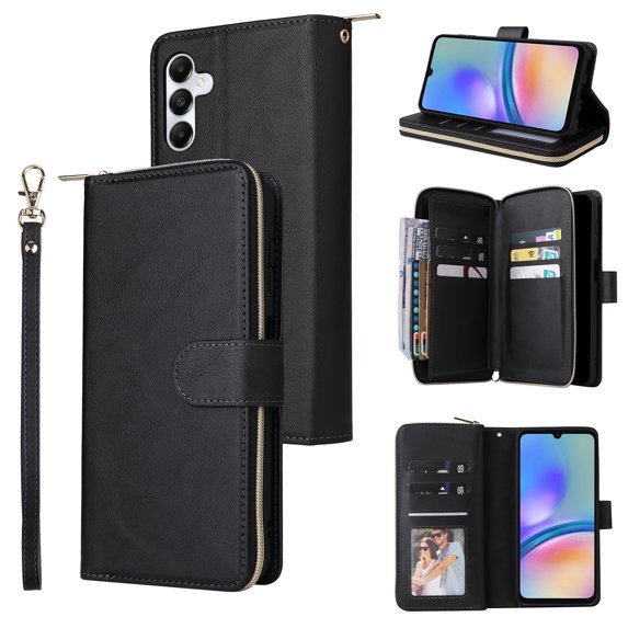 Allytech Samsung Galaxy A05s Wallet Case with 9 Card Slots & Zipper Pouch for Women Men, Magnetic Closure Kickstand Durable PU Leather Wristlet Strap Folio Flip Luxury Cover - Black