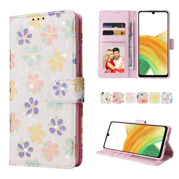 Allytech Samsung Galaxy A05s Wallet Case, Stylish Flowers Pattern PU Leather Cover with Wrist Strap & Card Slots, Kickstand Magnetic Closure Shockproof Case for Women Girls, Small Flowers