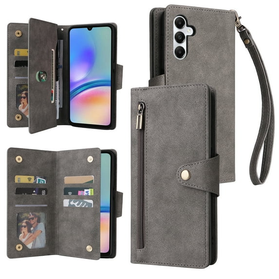 Allytech Samsung Galaxy A05s Wallet Case with Zipper Pocket, Luxury PU Leather Flip Cover with Card Slots & Wrist Strap, Shockproof Kickstand Magnetic Buckle Protective Case for Women Men, Gray