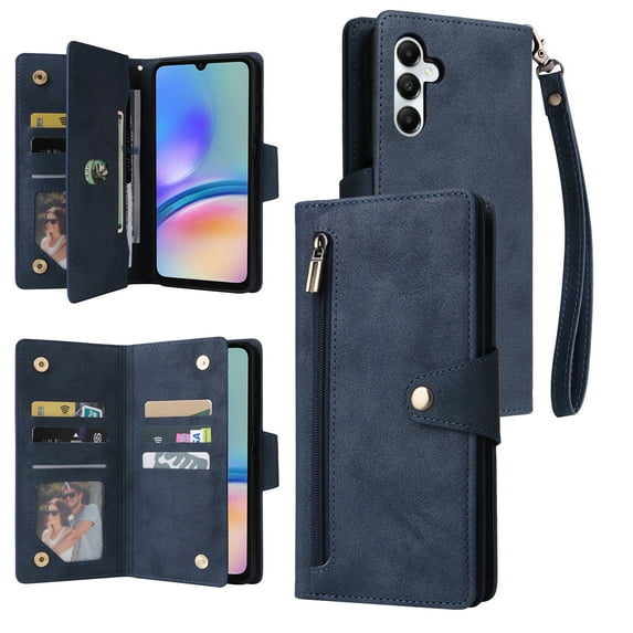 Allytech Samsung Galaxy A05s Wallet Case with Zipper Pocket, Luxury PU Leather Flip Cover with Card Slots & Wrist Strap, Shockproof Kickstand Magnetic Buckle Protective Case for Women Men, Blue