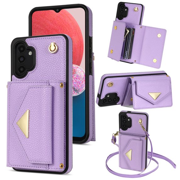 Allytech for Samsung Galaxy A14 5G Wallet Case Cover, PU Leather Large Space Cards Slots Detachable Shoulder Strap Back Cover for Girls Women Shockproof Phone Case for Galaxy A14 5G - Purple