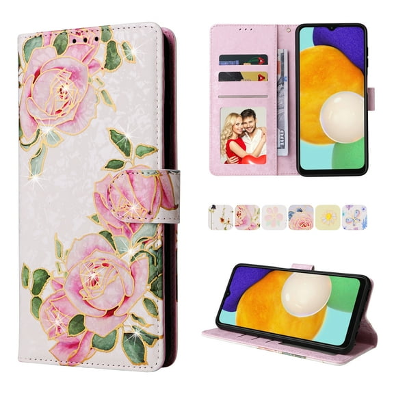 Allytech Samsung Galaxy A14 5G Wallet Case, Stylish Flowers Pattern PU Leather Cover with Wrist Strap & Card Slots, Kickstand Magnetic Closure Shockproof Case for Women Girls, Rose Flower