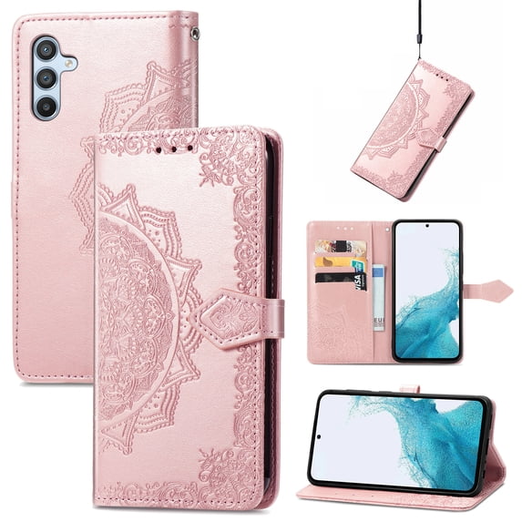 Allytech for Samsung Galaxy A16 5G Wallet Case, Luxury PU Leather with Embossed Pattern, Magnetic Clasp Kickstand Card Cash Slots Shockproof Slim Flip Case with Hand Strap for Women Men - Rosegold