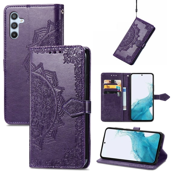Allytech for Samsung Galaxy A16 5G Wallet Case, Luxury PU Leather with Embossed Pattern, Magnetic Clasp Kickstand Card Cash Slots Shockproof Slim Flip Case with Hand Strap for Women Men - Purple
