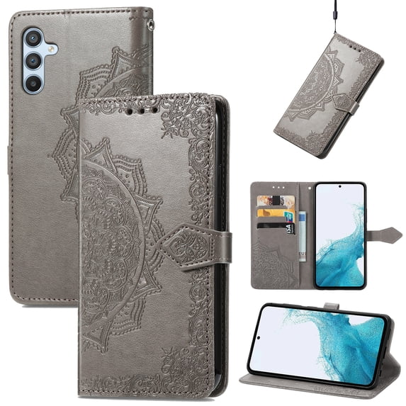 Allytech for Samsung Galaxy A16 5G Wallet Case, Luxury PU Leather with Embossed Pattern, Magnetic Clasp Kickstand Card Cash Slots Shockproof Slim Flip Case with Hand Strap for Women Men - Gray