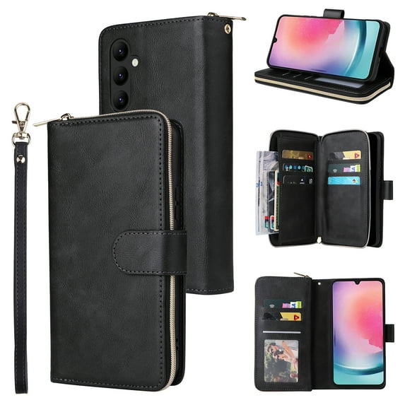Allytech Samsung Galaxy A24 4G Wallet Case with 9 Card Slots & Zipper Pouch for Women Men, Magnetic Closure Kickstand Durable PU Leather Wristlet Strap Folio Flip Luxury Cover - Black