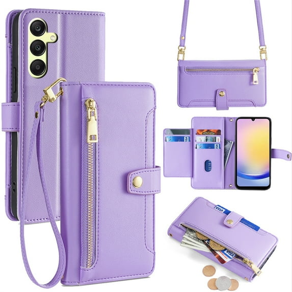Allytech for Samsung Galaxy A25 5G Wallet Case Cover, Large Space Cards Slots Zipper Pocket Shoulder Strap Kickstand Shockproof Wallet Phone Case for Samsung Galaxy A25 5G - Purple