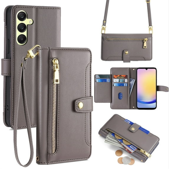 Allytech for Samsung Galaxy A25 5G Wallet Case Cover, Large Space Cards Slots Zipper Pocket Shoulder Strap Kickstand Shockproof Wallet Phone Case for Samsung Galaxy A25 5G - Gray