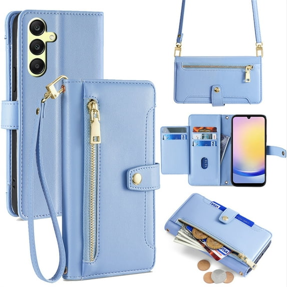 Allytech for Samsung Galaxy A25 5G Wallet Case Cover, Large Space Cards Slots Zipper Pocket Shoulder Strap Kickstand Shockproof Wallet Phone Case for Samsung Galaxy A25 5G - Blue