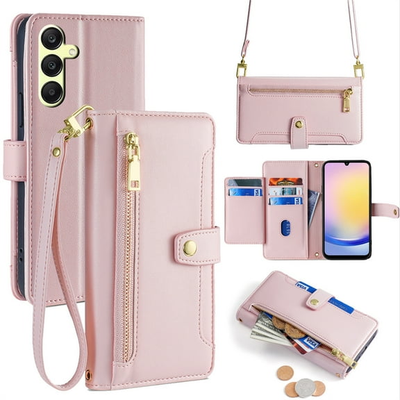 Allytech for Samsung Galaxy A25 5G Wallet Case Cover, Large Space Cards Slots Zipper Pocket Shoulder Strap Kickstand Shockproof Wallet Phone Case for Samsung Galaxy A25 5G - Pink