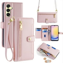 Allytech for Samsung Galaxy A25 5G Wallet Case Cover, Large Space Cards Slots Zipper Pocket Shoulder Strap Kickstand Shockproof Wallet Phone Case for Samsung Galaxy A25 5G - Pink