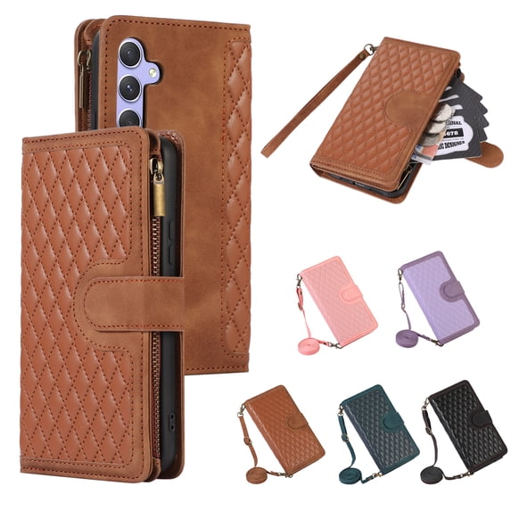 Allytech Samsung Galaxy A26 5G Wallet Case, Luxury PU Leather Stand Magnetic Clasp Cover with Wristlet & Shoulder Strap & Card Slots, Zipper Pocket Shockproof Anti-Fall Protective Case, Brown