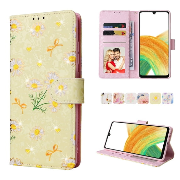 Allytech Samsung Galaxy A34 5G Wallet Case, Stylish Flowers Pattern PU Leather Cover with Wrist Strap & Card Slots, Kickstand Magnetic Closure Shockproof Case for Women Girls, Yellow Daisy